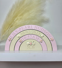 Load image into Gallery viewer, New Baby Gift - Personalised Wooden Rainbow. Engraved With Birth Details. Newborn keepsake Gift or ideal nursery decor, Christening gift