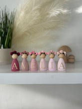 Load image into Gallery viewer, Personalised peg dolls, Personalised wooden dolls, new baby gift, nursery name sign, wooden letter floral nursery decor shelf accessories.wooden peg dolls