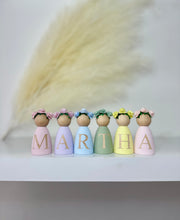 Load image into Gallery viewer, Personalised peg dolls, Personalised wooden dolls, new baby gift, nursery name sign, wooden letter floral nursery decor shelf accessories.wooden peg dolls