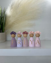 Load image into Gallery viewer, Personalised Daisy dolls peg dolls, Personalised wooden dolls, new baby gift, nursery name sign, wooden letter floral nursery decor shelf accessories.wooden peg dolls