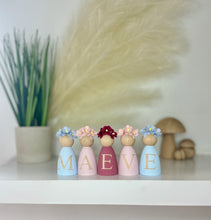 Load image into Gallery viewer, Personalised Daisy dolls peg dolls, Personalised wooden dolls, new baby gift, nursery name sign, wooden letter floral nursery decor shelf accessories.wooden peg dolls