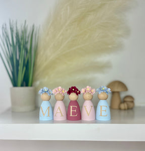 Personalised Daisy dolls peg dolls, Personalised wooden dolls, new baby gift, nursery name sign, wooden letter floral nursery decor shelf accessories.wooden peg dolls