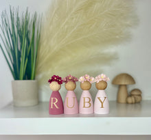 Load image into Gallery viewer, Personalised Daisy dolls peg dolls, Personalised wooden dolls, new baby gift, nursery name sign, wooden letter floral nursery decor shelf accessories.wooden peg dolls