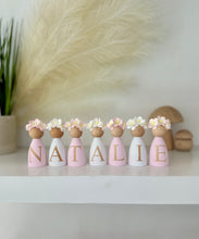 Load image into Gallery viewer, Personalised Daisy dolls peg dolls, Personalised wooden dolls, new baby gift, nursery name sign, wooden letter floral nursery decor shelf accessories.wooden peg dolls