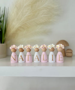 Personalised Daisy dolls peg dolls, Personalised wooden dolls, new baby gift, nursery name sign, wooden letter floral nursery decor shelf accessories.wooden peg dolls