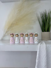 Load image into Gallery viewer, Personalised peg dolls, Personalised wooden dolls, new baby gift, nursery name sign, wooden letter floral nursery decor shelf accessories.wooden peg dolls