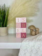 Load image into Gallery viewer, Personalised wooden baby name blocks, nursery name sign shelf decor, unique new baby gift, new born baby shower gift, wooden letters, stack