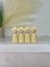 Load image into Gallery viewer, Personalised Daisy dolls peg dolls, Personalised wooden dolls, new baby gift, nursery name sign, wooden letter floral nursery decor shelf accessories.wooden peg dolls