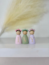 Load image into Gallery viewer, Personalised peg dolls, Personalised wooden dolls, new baby gift, nursery name sign, wooden letter floral nursery decor shelf accessories.wooden peg dolls