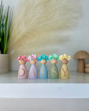 Load image into Gallery viewer, Personalised Daisy dolls peg dolls, Personalised wooden dolls, new baby gift, nursery name sign, wooden letter floral nursery decor shelf accessories.wooden peg dolls