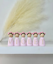 Load image into Gallery viewer, Personalised peg dolls, Personalised wooden dolls, new baby gift, nursery name sign, wooden letter floral nursery decor shelf accessories.wooden peg dolls