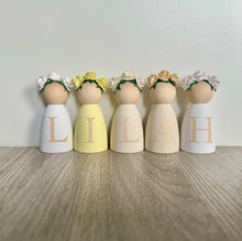 Load image into Gallery viewer, Personalised peg dolls, Personalised wooden dolls, new baby gift, nursery name sign, wooden letter floral nursery decor shelf accessories.wooden peg dolls