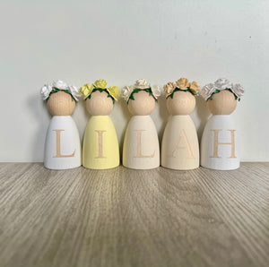 Personalised peg dolls, Personalised wooden dolls, new baby gift, nursery name sign, wooden letter floral nursery decor shelf accessories.wooden peg dolls