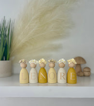 Load image into Gallery viewer, Personalised Daisy dolls peg dolls, Personalised wooden dolls, new baby gift, nursery name sign, wooden letter floral nursery decor shelf accessories.wooden peg dolls