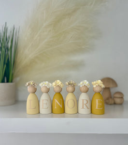 Personalised Daisy dolls peg dolls, Personalised wooden dolls, new baby gift, nursery name sign, wooden letter floral nursery decor shelf accessories.wooden peg dolls