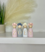 Load image into Gallery viewer, Personalised Daisy dolls peg dolls, Personalised wooden dolls, new baby gift, nursery name sign, wooden letter floral nursery decor shelf accessories.wooden peg dolls