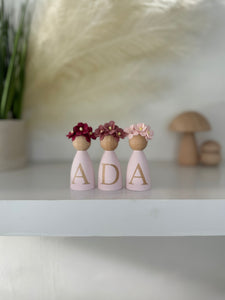 Personalised Daisy dolls peg dolls, Personalised wooden dolls, new baby gift, nursery name sign, wooden letter floral nursery decor shelf accessories.wooden peg dolls