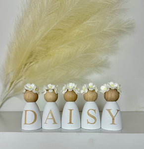 Personalised Daisy dolls peg dolls, Personalised wooden dolls, new baby gift, nursery name sign, wooden letter floral nursery decor shelf accessories.wooden peg dolls