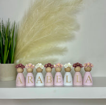 Load image into Gallery viewer, Personalised Daisy dolls peg dolls, Personalised wooden dolls, new baby gift, nursery name sign, wooden letter floral nursery decor shelf accessories.wooden peg dolls