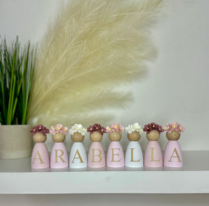 Personalised Daisy dolls peg dolls, Personalised wooden dolls, new baby gift, nursery name sign, wooden letter floral nursery decor shelf accessories.wooden peg dolls