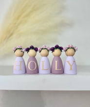 Load image into Gallery viewer, Personalised peg dolls, Personalised wooden dolls, new baby gift, nursery name sign, wooden letter floral nursery decor shelf accessories.wooden peg dolls