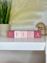 Load image into Gallery viewer, Personalised wooden baby name blocks, nursery name sign shelf decor, unique new baby gift, new born baby shower gift, wooden letters, stack