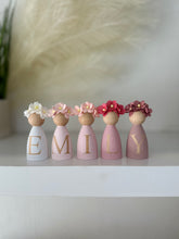 Load image into Gallery viewer, Personalised Daisy dolls peg dolls, Personalised wooden dolls, new baby gift, nursery name sign, wooden letter floral nursery decor shelf accessories.wooden peg dolls