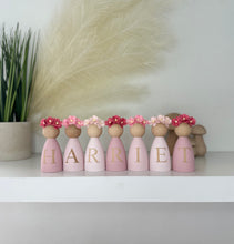 Load image into Gallery viewer, Personalised Daisy dolls peg dolls, Personalised wooden dolls, new baby gift, nursery name sign, wooden letter floral nursery decor shelf accessories.wooden peg dolls