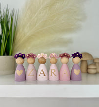 Load image into Gallery viewer, Personalised Daisy dolls peg dolls, Personalised wooden dolls, new baby gift, nursery name sign, wooden letter floral nursery decor shelf accessories.wooden peg dolls