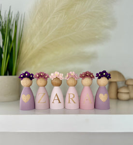 Personalised Daisy dolls peg dolls, Personalised wooden dolls, new baby gift, nursery name sign, wooden letter floral nursery decor shelf accessories.wooden peg dolls