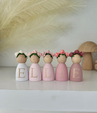 Load image into Gallery viewer, Personalised peg dolls, Personalised wooden dolls, new baby gift, nursery name sign, wooden letter floral nursery decor shelf accessories.wooden peg dolls