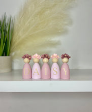 Load image into Gallery viewer, Personalised Daisy dolls peg dolls, Personalised wooden dolls, new baby gift, nursery name sign, wooden letter floral nursery decor shelf accessories.wooden peg dolls