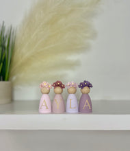 Load image into Gallery viewer, Personalised Daisy dolls peg dolls, Personalised wooden dolls, new baby gift, nursery name sign, wooden letter floral nursery decor shelf accessories.wooden peg dolls