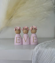 Load image into Gallery viewer, Personalised Daisy dolls peg dolls, Personalised wooden dolls, new baby gift, nursery name sign, wooden letter floral nursery decor shelf accessories.wooden peg dolls