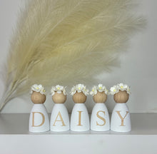 Load image into Gallery viewer, Personalised Daisy dolls peg dolls, Personalised wooden dolls, new baby gift, nursery name sign, wooden letter floral nursery decor shelf accessories.wooden peg dolls