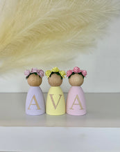 Load image into Gallery viewer, Personalised peg dolls, Personalised wooden dolls, new baby gift, nursery name sign, wooden letter floral nursery decor shelf accessories.wooden peg dolls