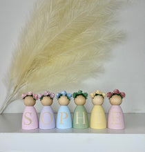 Load image into Gallery viewer, Personalised peg dolls, Personalised wooden dolls, new baby gift, nursery name sign, wooden letter floral nursery decor shelf accessories.wooden peg dolls