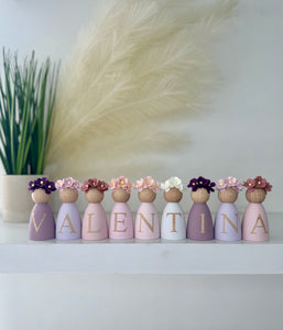 Personalised Daisy dolls peg dolls, Personalised wooden dolls, new baby gift, nursery name sign, wooden letter floral nursery decor shelf accessories.wooden peg dolls