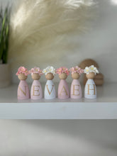 Load image into Gallery viewer, Personalised Daisy dolls peg dolls, Personalised wooden dolls, new baby gift, nursery name sign, wooden letter floral nursery decor shelf accessories.wooden peg dolls