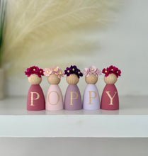 Load image into Gallery viewer, Personalised Daisy dolls peg dolls, Personalised wooden dolls, new baby gift, nursery name sign, wooden letter floral nursery decor shelf accessories.wooden peg dolls