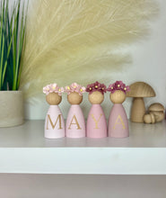 Load image into Gallery viewer, Personalised Daisy dolls peg dolls, Personalised wooden dolls, new baby gift, nursery name sign, wooden letter floral nursery decor shelf accessories.wooden peg dolls