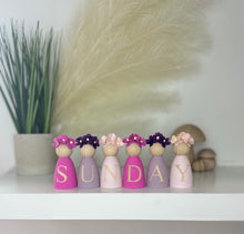 Load image into Gallery viewer, Personalised Daisy dolls peg dolls, Personalised wooden dolls, new baby gift, nursery name sign, wooden letter floral nursery decor shelf accessories.wooden peg dolls