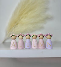 Load image into Gallery viewer, Personalised peg dolls, Personalised wooden dolls, new baby gift, nursery name sign, wooden letter floral nursery decor shelf accessories.wooden peg dolls