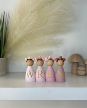 Load image into Gallery viewer, Personalised peg dolls, Personalised wooden dolls, new baby gift, nursery name sign, wooden letter floral nursery decor shelf accessories.wooden peg dolls