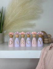 Load image into Gallery viewer, Personalised Daisy dolls peg dolls, Personalised wooden dolls, new baby gift, nursery name sign, wooden letter floral nursery decor shelf accessories.wooden peg dolls