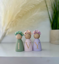 Load image into Gallery viewer, Personalised Daisy dolls peg dolls, Personalised wooden dolls, new baby gift, nursery name sign, wooden letter floral nursery decor shelf accessories.wooden peg dolls