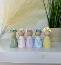 Load image into Gallery viewer, Personalised Daisy dolls peg dolls, Personalised wooden dolls, new baby gift, nursery name sign, wooden letter floral nursery decor shelf accessories.wooden peg dolls