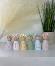 Load image into Gallery viewer, Personalised Daisy dolls peg dolls, Personalised wooden dolls, new baby gift, nursery name sign, wooden letter floral nursery decor shelf accessories.wooden peg dolls