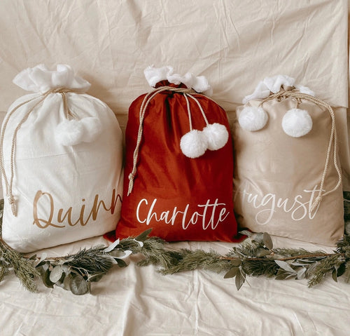 Luxury Personalised Velvet Christmas Santa sacks, Christmas sack with gold rope and pom pom, personalised Christmas sack, Christmas stocking